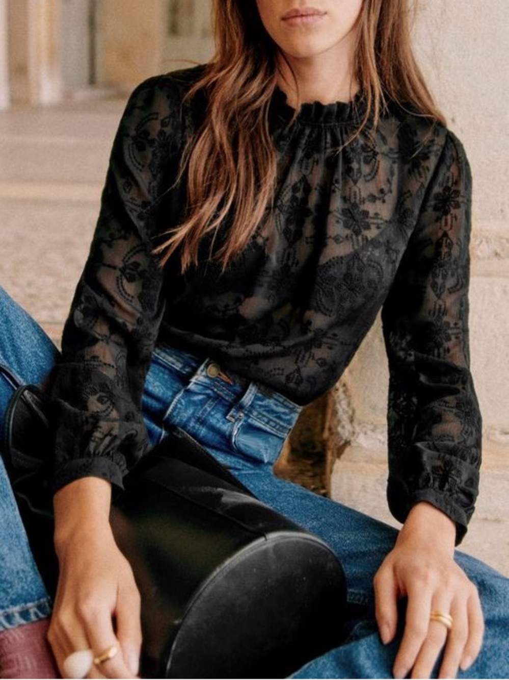 SEZANE Black Sheer Floral Embroidered Ruffle High Neck Valentine Blouse Top